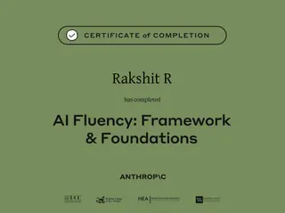 Scan of the "Certificate of Completion" certificate, awarded to Rakshit R for completing "AI Fluency: Framework & Foundations", issued by Anthropic