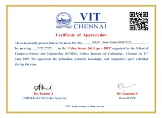 Scan of the "Certificate of Appreciation" certificate, awarded to Rakshit Rameshbabu for First Prize at Cyber Secure 360 Expo – 2025